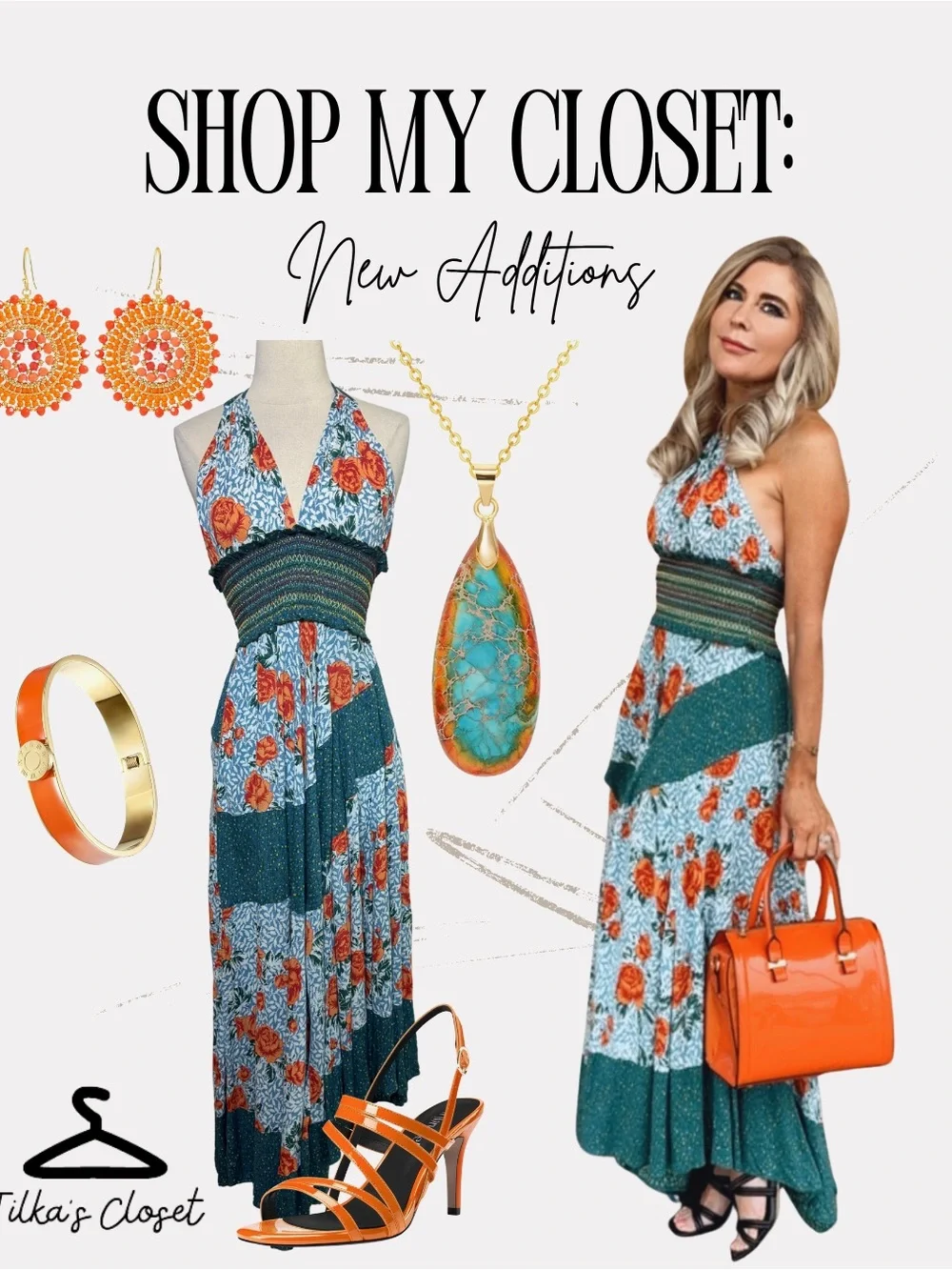 Free People Teal Halter Backless Maxi Dress with Orange Floral Print - Picture 3 of 8